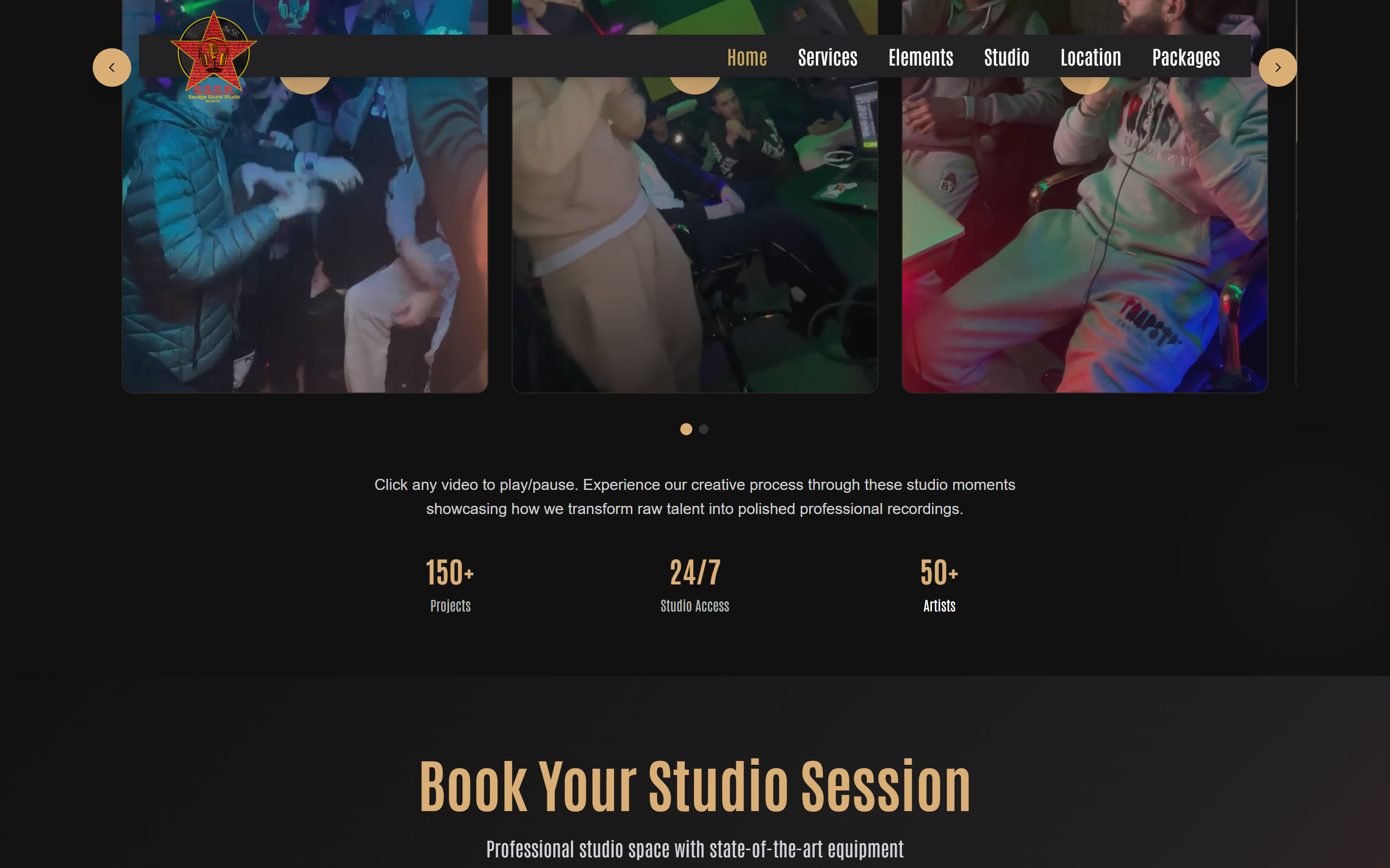 Video carousel of studio session clips above project and artist stat counters