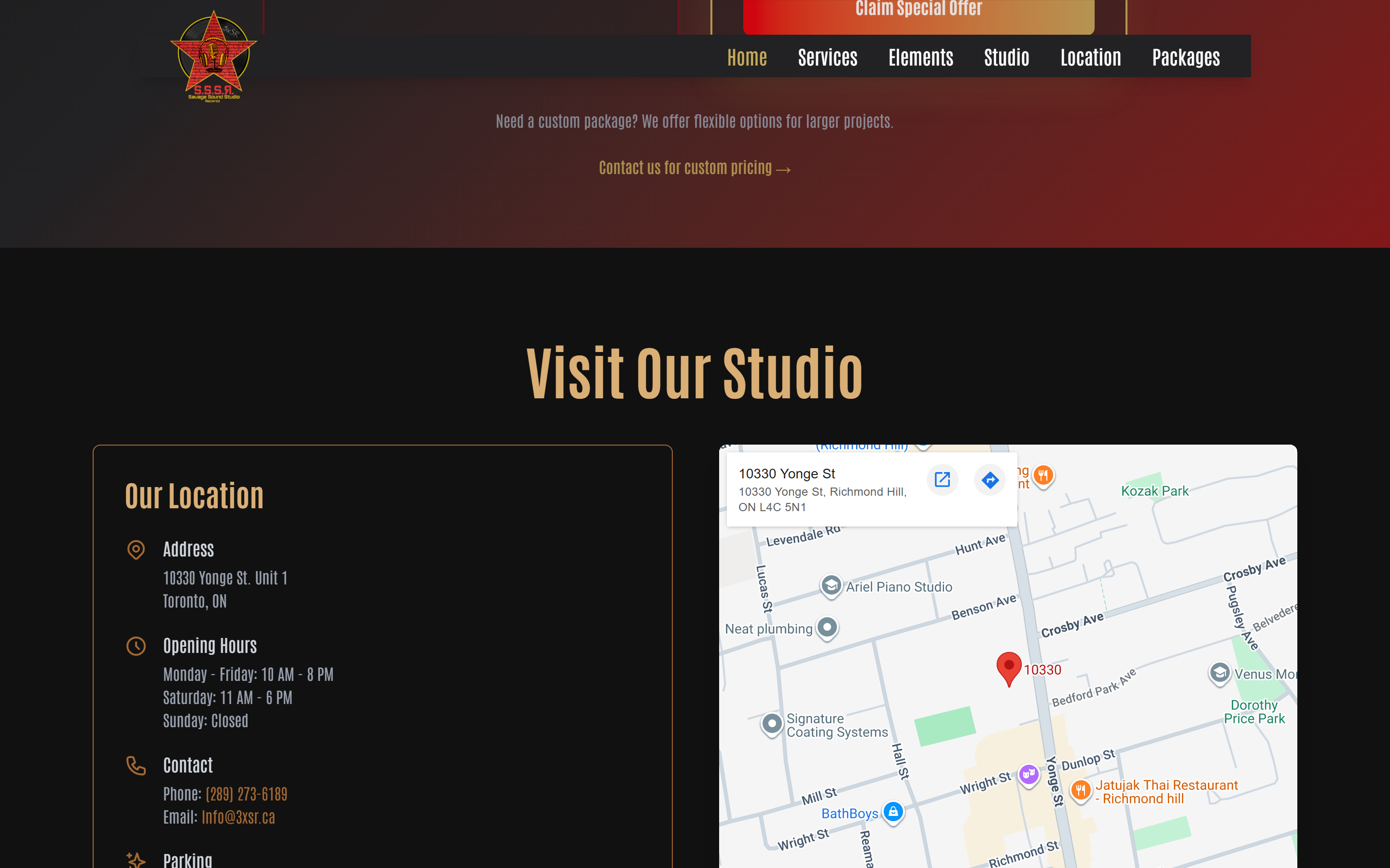 Visit Our Studio section with address, hours, contact and embedded map