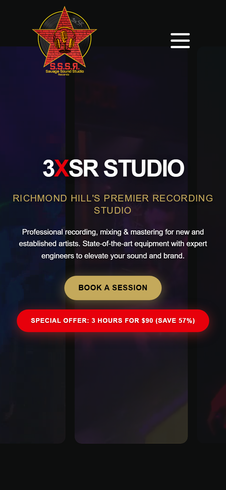 Mobile hero view of the 3xSR Studio headline and booking buttons