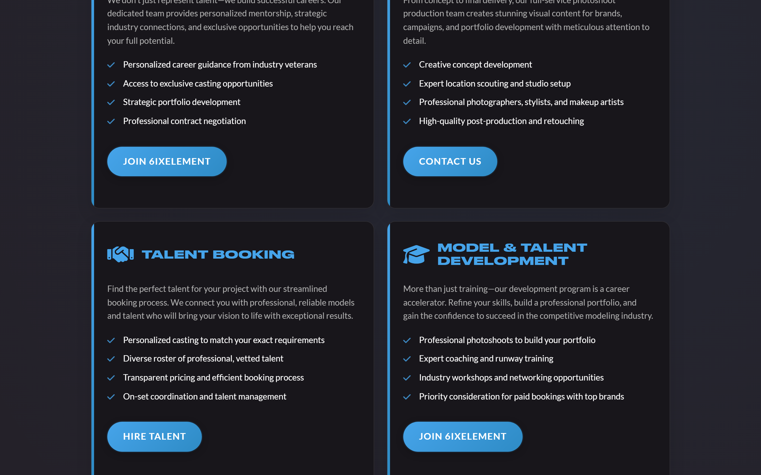 Talent development and photoshoot production service cards with feature lists