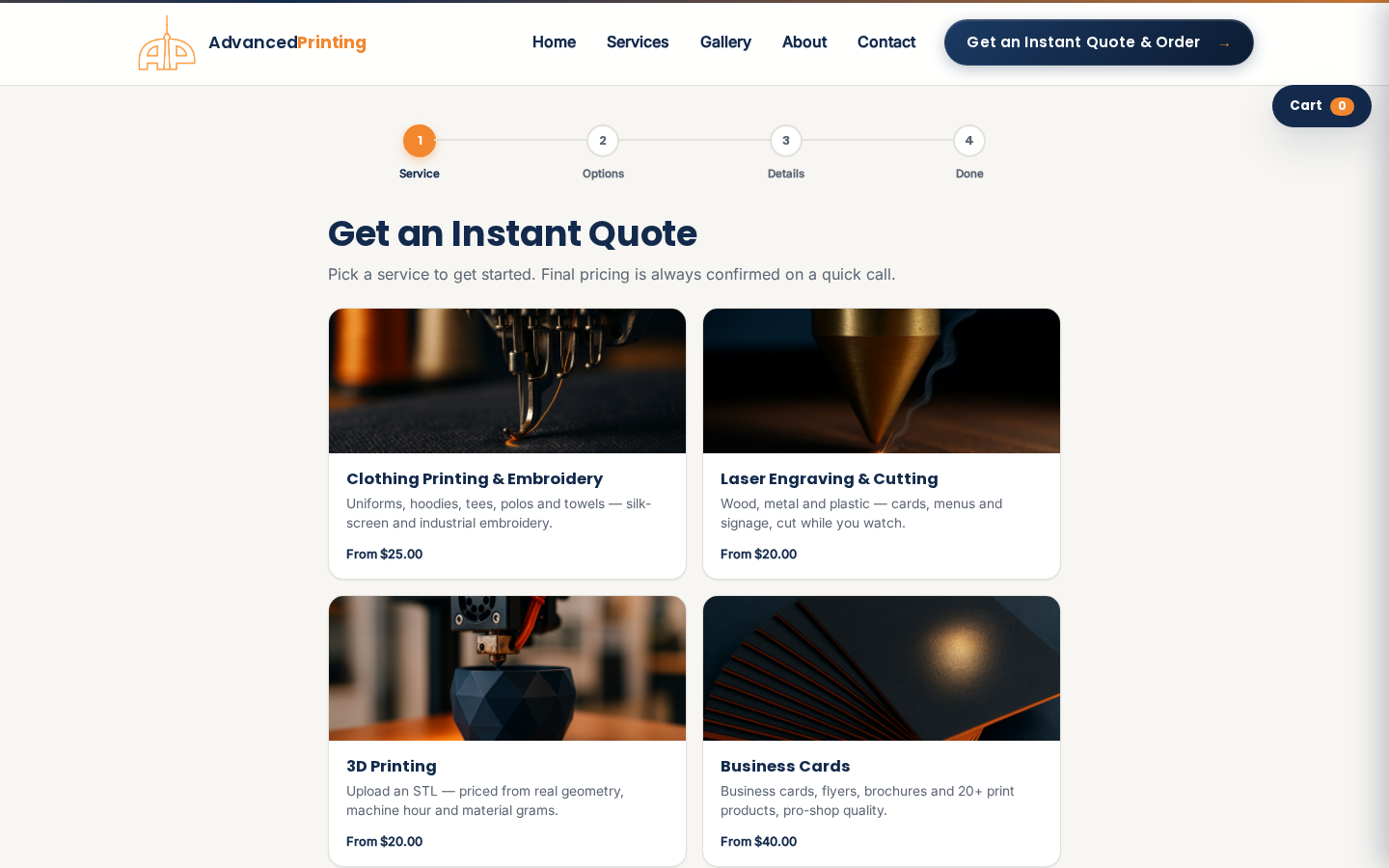 Design-your-own wizard, step 1 — choose a service
