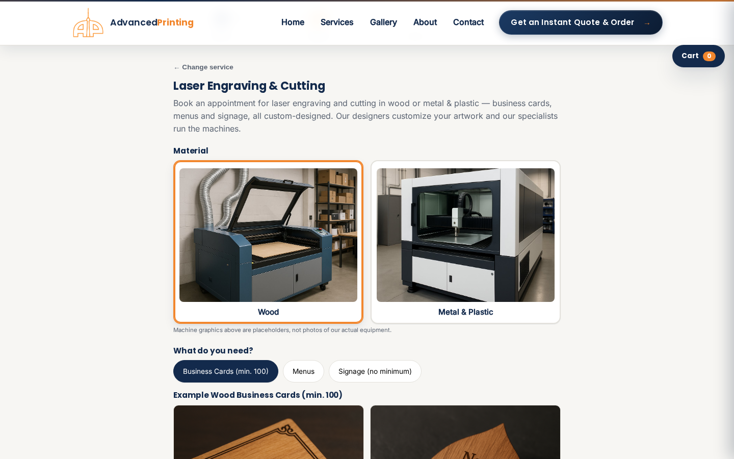 Laser-engraving configurator with live server-priced estimate
