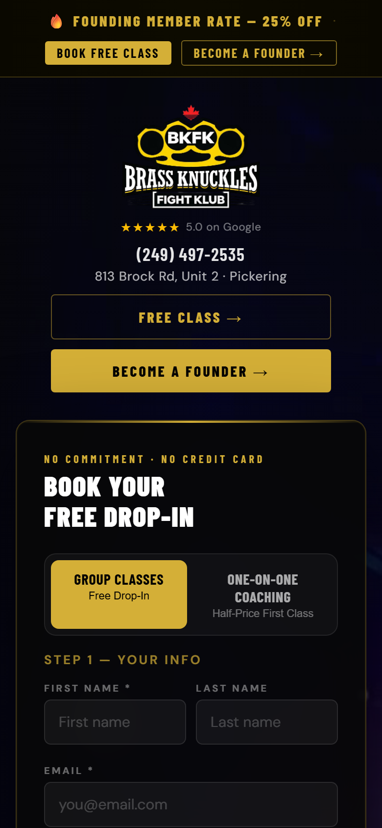 Mobile hero view with gym logo, rating, and free drop-in booking form