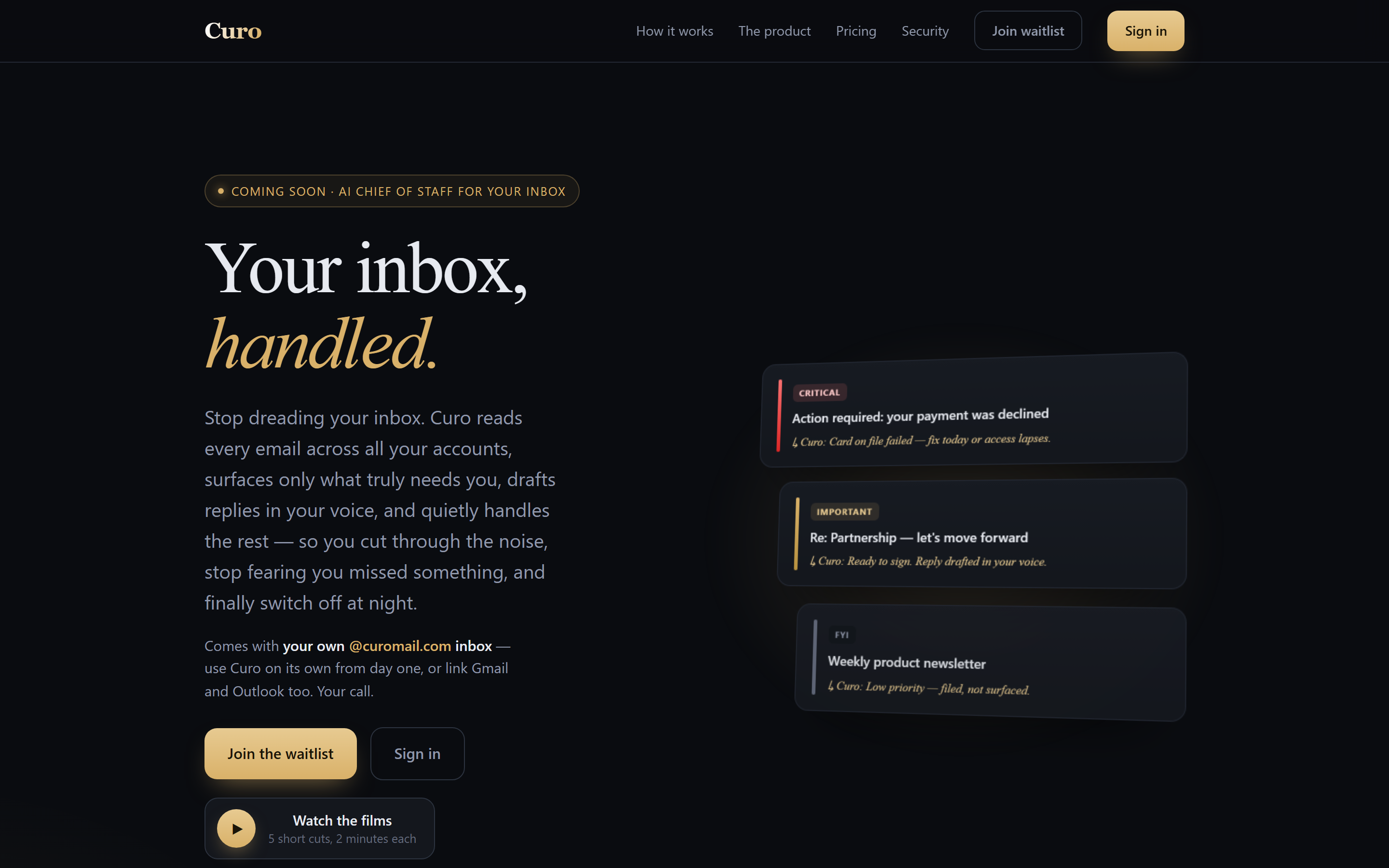 Dark hero: "Your inbox, handled" with sample triaged email cards
