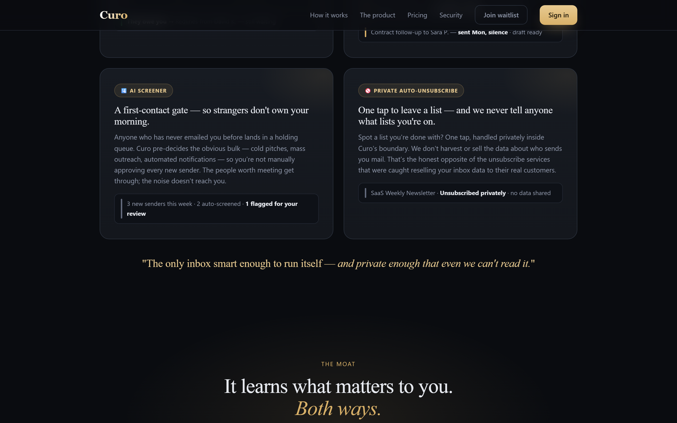 AI Screener and Private Auto-Unsubscribe feature cards with example senders