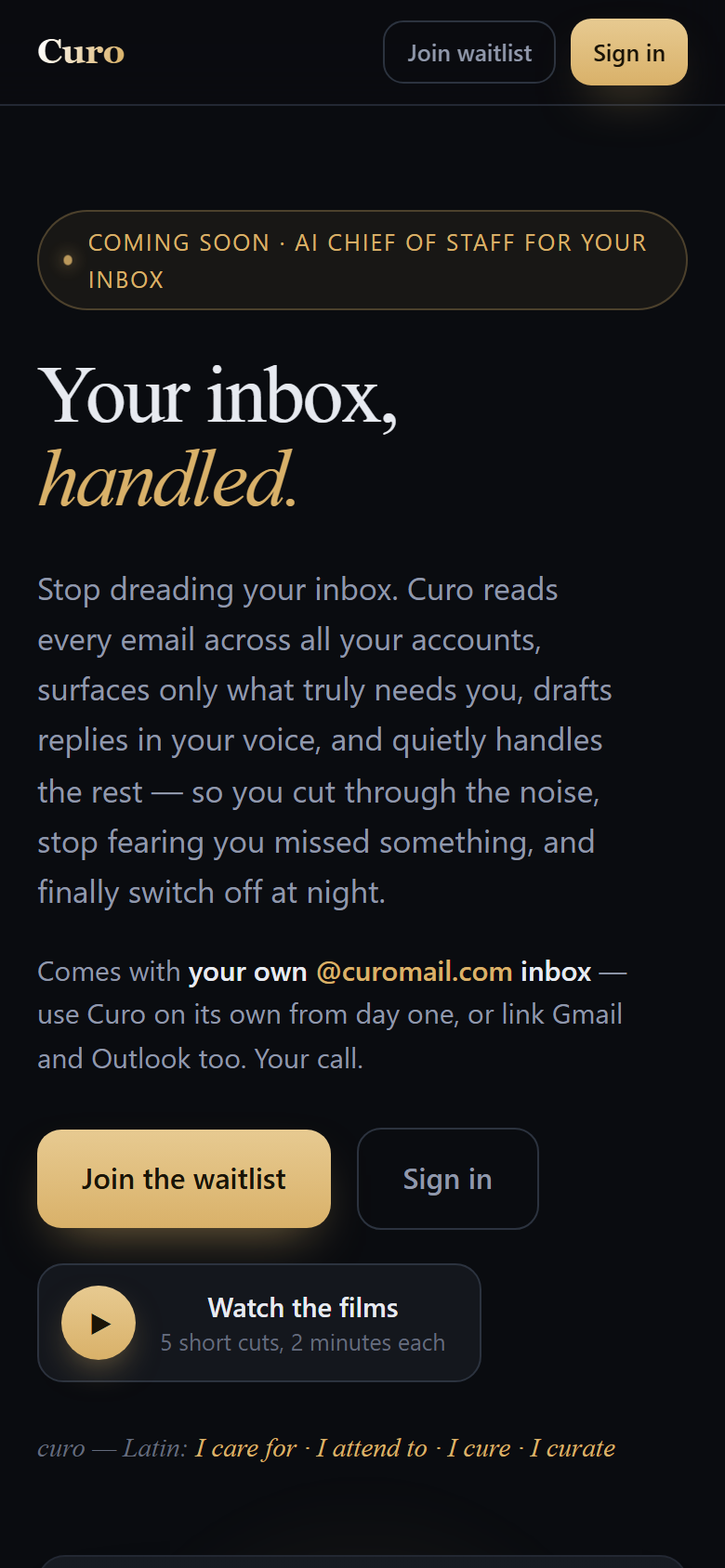 Mobile hero view of the inbox-handled headline and waitlist buttons
