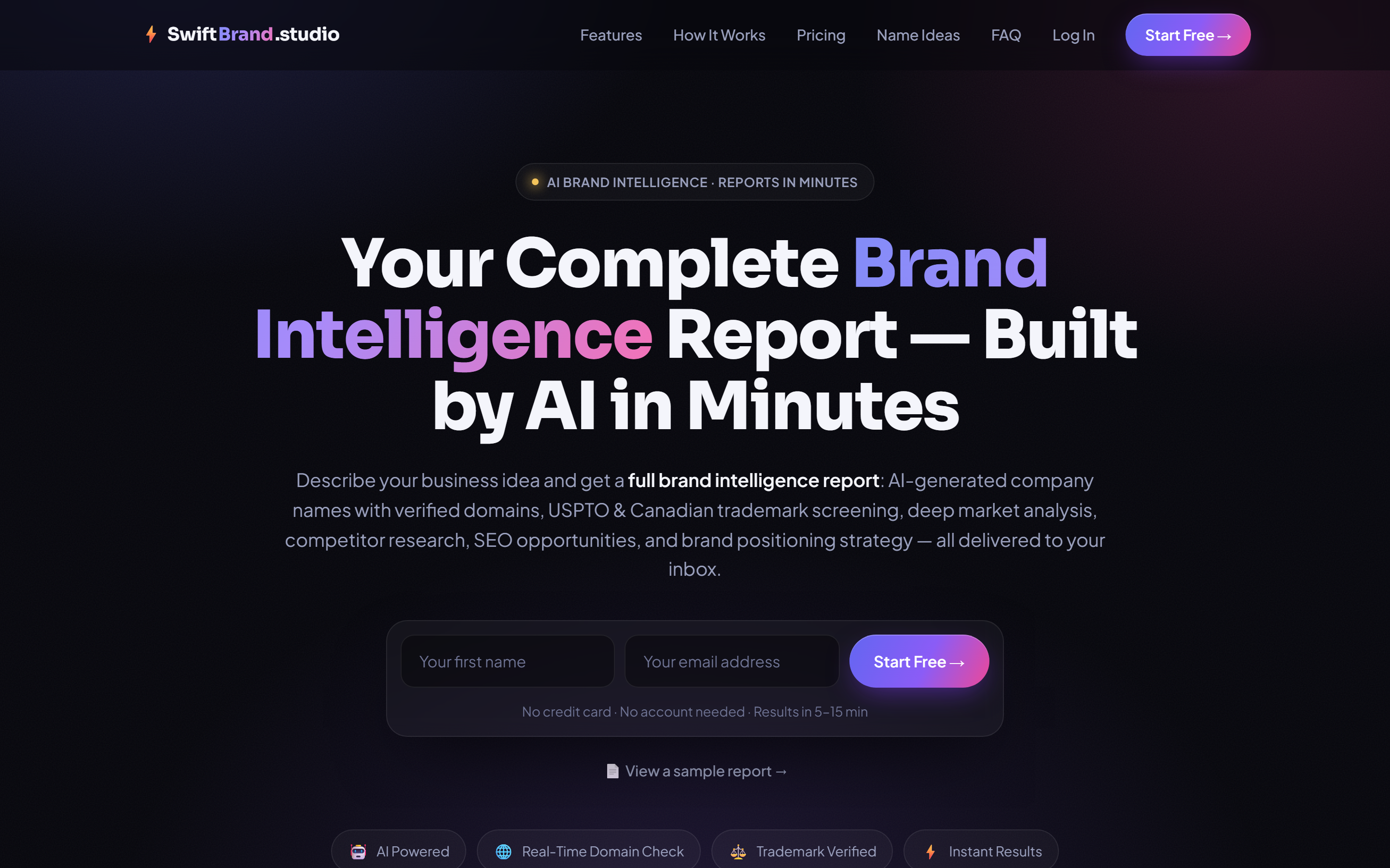 Hero: AI brand intelligence report headline with name/email signup form