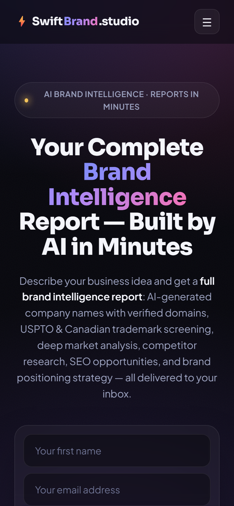 Mobile hero view of the brand intelligence headline and signup fields